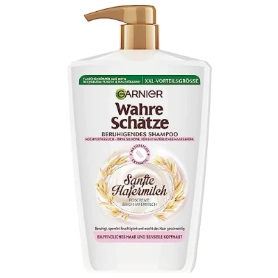 Bild av Garnier True Treasures Lugnande schampo Mild havremjölk, XXL Formal 1L, för känsligt hår och känslig hårbotten, 1000 ml