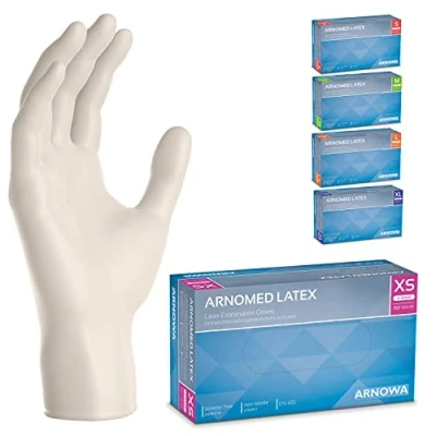 Bild av ARNOMED Latex engångshandskar XS, vita, puderfria, 100 st/ask, engångshandskar, i latex, latexhandskar finns storlekarna S, M, L &amp; XL.
