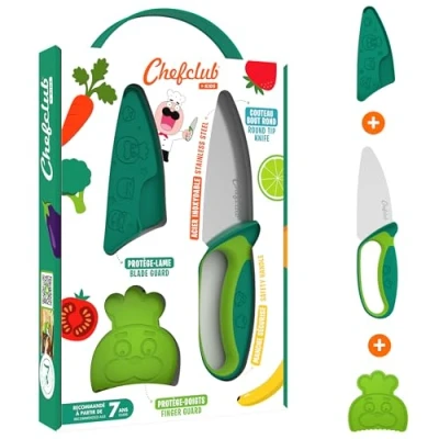 Bild av Chefclub Kids kökskniv kit för barn kniv med blad i rostfritt stål fingerskydd och bladskydd, säker ergonomisk redskap rekommenderas från 7 år (grön)