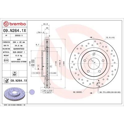 Bild av BREMBO Bromsskiva MITSUBISHI: Outlander 3, ASX SUV, 2 SUV 294mm 26mm 5 Hålad/ventilerad invändigt belagd 09.N264.1X Bromsskivor