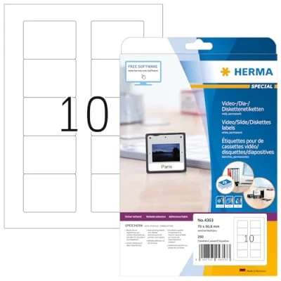 Bild av HERMA 4353 diskettetiketter 3,5&quot; A4 (70 x 50,8 mm, 25 ark, papper, matt) självhäftande, utskrivbara, permanenta etiketter för ZIP diskar, 250 klistermärken, vit