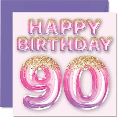 Bild av 90 års födelsedagskort för kvinnor rosa och lila glitterballonger grattis på årig kvinna mamma stor barnflicka mormor farmor, 145 mm x niontionde födelsedag gratulationskort present
