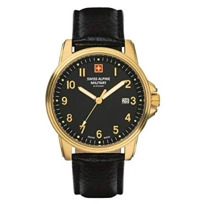 Bild av Swiss Alpine Military herrklocka analog kvarts 7011.1 läder, Svart/guld/svart 1517 sam, Rem