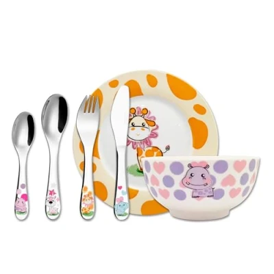 Bild av Exzact Barnmiddagsset/bestickpresentset 6 delar rostfritt stål/procelain keramikset 1 x skål, tallrik, middagskniv, gaffel, tesked, bordssked Söta djur