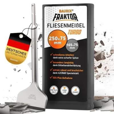 Bild av BAURIX® Kakelmejsel SDS Plus [250 x 75 mm] FRAKTOR® system Highspeed för enkel borttagning av kakel och kakellim mejslar i specialstål 42CrMo Bredmejsel