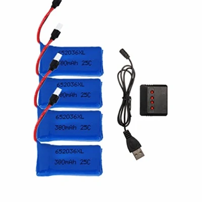 Bild av YUNIQUE GREEN CLEAN POWER Set med 4 Lipo Batterier 25C 3.7V 380mAh för Drönare Inklusive Laddare Kompatibel HUBSAN X4, H107, V252, 38x20x8 mm 12 gr, Blå