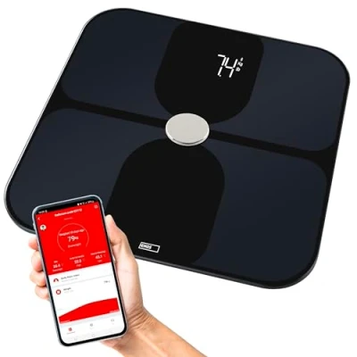 Bild av EMOS Smart kroppsfettvåg, BMI personvåg med ITO glas, kroppsvåg för mätning och analys 14 kroppsdata, minne 8 användare, GoSmart App, iOS/Android, Bluetooth, lastkapacitet 180 kg