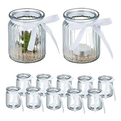 Bild av Relaxdays Vindljus, set om 12 av glas, värmeljusglas med rosett, inomhus och utomhus, värmeljushållare dekoration, transparent