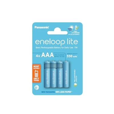 Bild av Panasonic eneloop lite Ready to Use Ni MH batterier, AAA/Micro, 4 pack, min. 550 mAh, 3 000 laddningscykler, uppladdningsbara batterier i plastfri förpackning