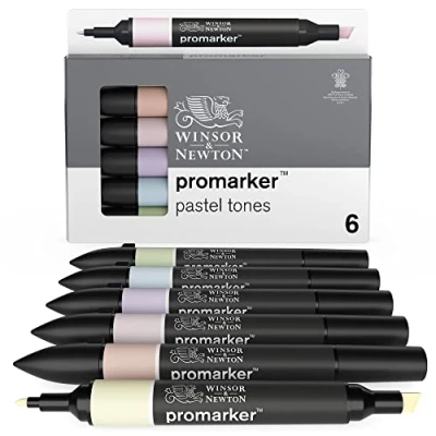 Bild av Winsor &amp; Newton 0290113 Promarkör, professionell layoutmarkör 2 spetsar, fin och bred för ritningar, design layouts Set med 6 färger pastelltoner