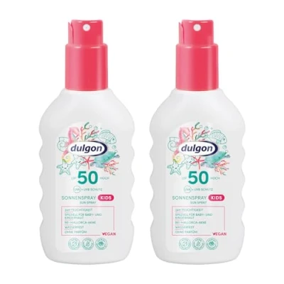 Bild av dulgon 2 x SPF 50 solspray barn 200 ml solskyddsmedel utan okttokrylen skydd mot UVA och UVB strålning vattentät, parfymfri, vegansk mikroplastisk fri