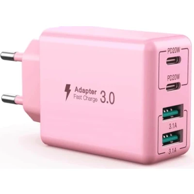 Bild av USB C laddare 40W, PD+QC adapter med 4 portar, flera strömadapter laddningsadapter kompatibel iPhone 12/13/14/15/Samsung/Google/mobiltelefonladdare(Rosa)
