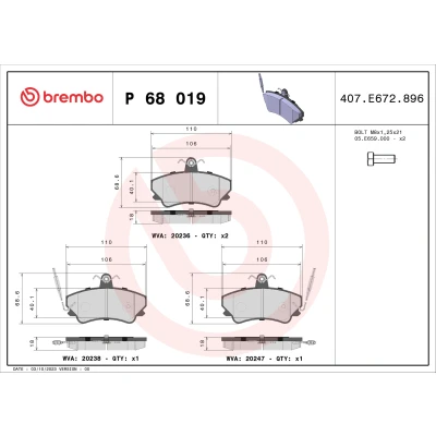 Bild av BREMBO P 68 019 Jeu de plaquettes frein contact signal d&#039;usure inclus avec vis d&#039;étrier sans accessoires RENAULT: ESPACE 2