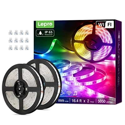 Bild av Lepro Smart LED remsa 10 m, 2 x 5 RGB dimbar 300 lysdioder, remsor Wifi, Wlan band, IP65 vattentät, självhäftande, superljus ljusband, ljusslinga, ränder utomhus, kompatibel med Alexa,