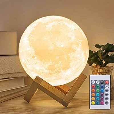 Bild av Mydethun 16 färger LED 3D månlampa med trästativ, 15 cm fjärrkontroll, USB laddning, nattlampa för barn, flickor, sovrum, heminredning, gåvor kvinnor jul nyår födelsedag
