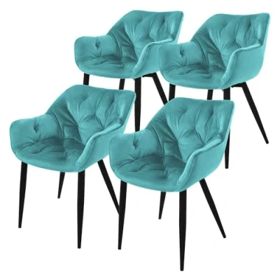 Bild av ML Design matsalsstolar set om 4, petrol, köksstol med tjock sammetsklädd sits, metallben, vardagsrumsstol ryggstöd och armstöd, quiltad stoppad stol, ergonomisk fåtölj