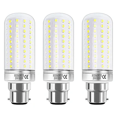 Bild av HZSANUE B22 LED Majs Glödlampor 26W, 6000K Dagsljus Vit, 2900LM, Bajonettlock Glödlampor, Motsvarande 200W Glödande, 3 pack
