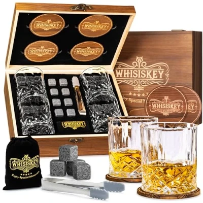 Bild av Whiskey Set med whiskeyglas whiskeytillbehör Presentset för män Återanvändbara isbitar Innehåller: 4 Tumblerglas, 8 whiskeystenar och extra tillbehör