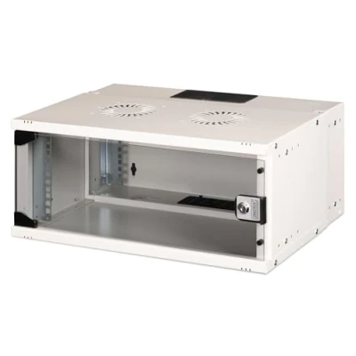 Bild av DIGITUS Nätverksskåp 19 tums rack 4 U omonterat väggmontering 400 mm djup 327 användbart lastkapacitet 60 kg glasdörr SOHO Pro serien grå