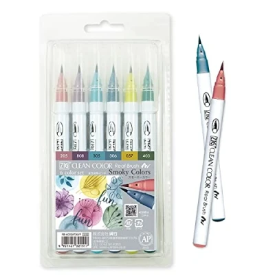 Bild av Kuretake ZIG CLEAN COLOR Real Brush 6 färger set, flexibel penselpenna, tillverkad i Japan (rökiga färger)