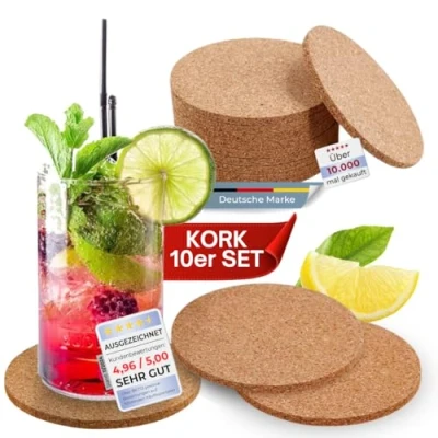 Bild av wortek Underlägg, glas, korkunderlägg, runda uppsättning med 10 cm, korkplatta, bordsunderlägg, glasunderlägg, kork för raclette, kaffe, cocktailbar, tillbehör