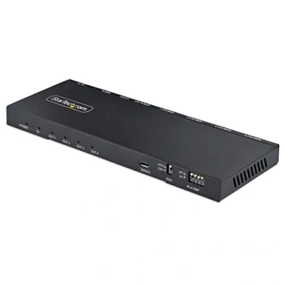 Bild av StarTech.com 4 port 4K HDMI SPLITTER 1 x 4,60 Hz 2.0 video, distributör med integrerad skalare, i out, 3,5 mm/optisk ljudport (HDMI 44K60S), svart