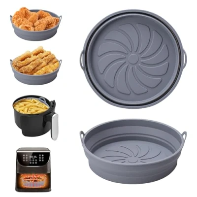 Bild av Alyvisun Silikonform för Luftfritös, 2 Stycken Silikongrytor Airfryer Återanvändbara Silikonfoder Luftfritöskorg Rund Vikbar Silikonbakform Air Fryer, Mikrovågsugn och Ugn (Grå)