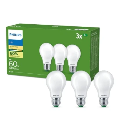 Bild av Philips LED Ultraefficient Classic: 60W, A60, E27, 2700 Kelvin, Frostat glas, 485 lumen, Ej dimbar, 50000 timmar livslängd, 3 pack
