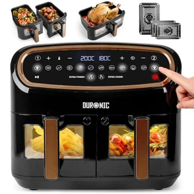 Bild av Duronic AF34 BG airfryer luftfritös 2st 5 liters korgar och 1st 10L korg med genomskinliga fönster 10 förinställda program 2 Sync Cook Finish funktioner Lätt att rengöra Effekt: 2400W