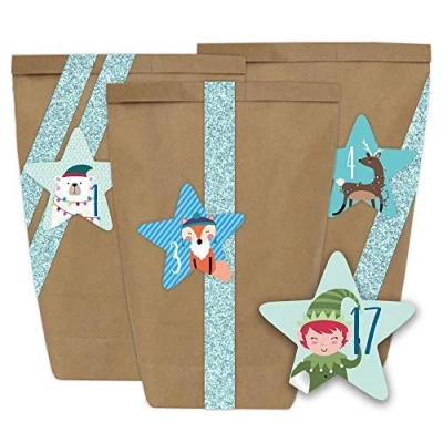 Bild av Papierdrachen adventskalender att fylla 24 papperspåsar med klistermärken (storlek form]) och glitter Washi Tape i ljusblått Mini Set No. 39 Jul