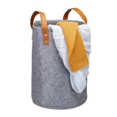 Bild av Relaxdays filt tvättkorg, PU läderhandtag, 28 L förvaringskorg, badrum, HxD 45 x 30 cm, antracit, 1 pack