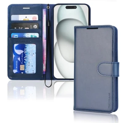 Bild av TECHGEAR iPhone 15 läderplånboksfodral, flip skyddsfodral med plånbok korthållare, stativ och handledsrem blått PU läder magnetisk stängning för 6,1 tum