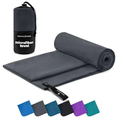 Bild av Zenacross mikrofiberhandduk med bärväska Kompakt, snabbtorkande och absorberande sporthandduk Storlek M 140 x 70 cm Mörkgrå