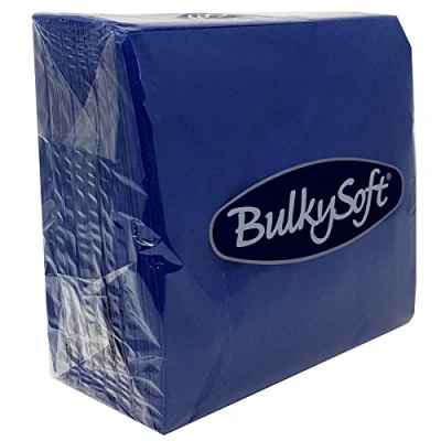 Bild av BulkySoft pappersservetter 2 lager enfärgade mjuka servetter för kök, fester och evenemang rivsäkra engångsbestick 33 x cm 100 % cellulosa förpackning med köksservetter mörkblå