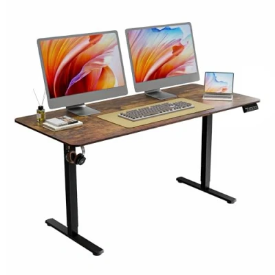 Bild av ERGOMAKER Elektriskt höjdjusterbart skrivbord 160 cm, bord med skarvplatta, ergonomiskt för kontor (svart ram + brun bordsskiva)