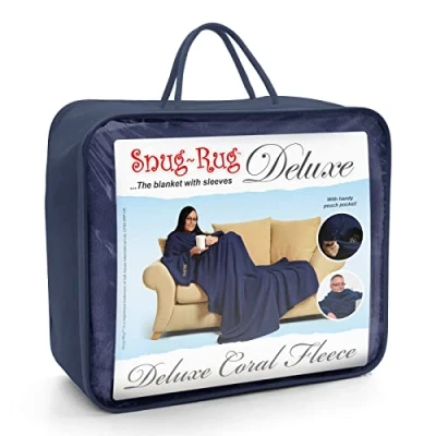 Bild av Marinblå Snug Rug DELUXE filt med ärmar genuin tät matta ärmade filtar 260gsm lyxig mysig supermjuk korall fleece mjukt tyg långa överdimensionerade och fickficka Vuxenstorlek