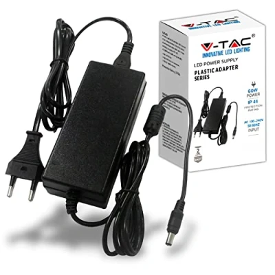 Bild av V TAC 12 60 W 5 A nätdel för kameror, LED remsor, modem laddning transformator 2 polig EU kontakt elektroniska enheter växelström 100240 50/60 Hz svart [energiklass F]