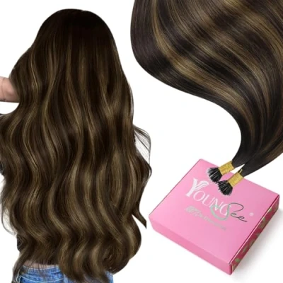 Bild av YoungSee Nano hårförlängningar bruna pärlor mörkbrun mix medium brun höjdpunkter Balayage Loop ring mänskligt hår 55,8 cm