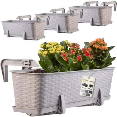 Bild av KADAX Blomlådeset, balkonglåda set av plast, planteringslåda för blommor och örter, hållbar balkongkruka, planteringskruka balkong (set med 60 cm 4 cm, karamell)