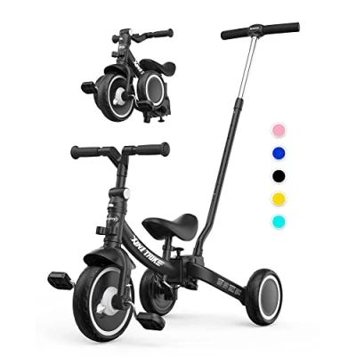 Bild av Besrey 7 i 1 trehjuling för småbarn, med styrhandtag 5 år, vikbar hjul, småbarnscykel hjulkoppling, större avtagbara pedaler, höjdjusterbar sits, svart