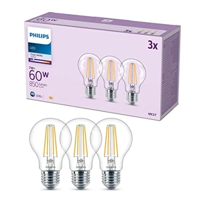 Bild av PHILIPS LED Classic multipack: 7W (60W), E27, A60, Kallvitt 4000 Kelvin, Klart glas, filament, 850 lumen, Ej dimbar, 15000 timmar livslängd, 3 pack Vit, 929001815093