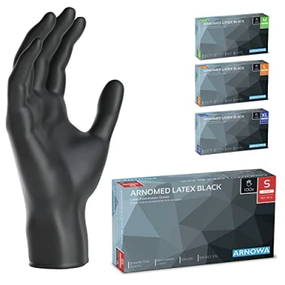 Bild av ARNOMED latex engångshandskar S, svarta, puderfria, 100 st/ask, engångshandskar, latexhandskar finns i storlekarna XS, M, L &amp; XL.