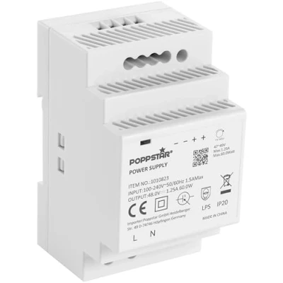 Bild av Poppstar 48V transformator för DIN skena,60W (Input 100 240 V AC 50/60 Hz, Output 48 DC 1,25 A 60 W) klocktransformator
