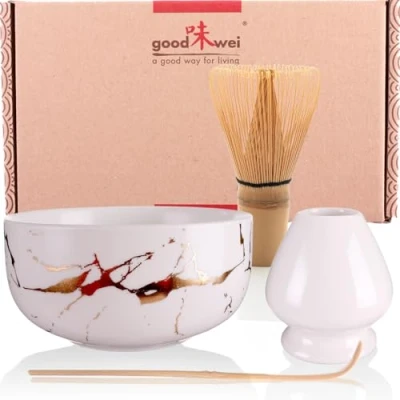 Bild av Goodwei Matcha set med kvast, kvasthållare och teskål för japansk teceremoni (vit marmor), keramik, 320 ml