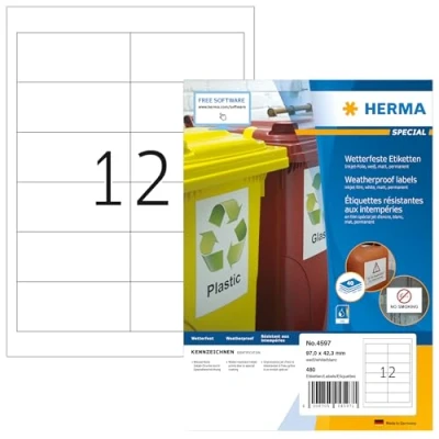 Bild av HERMA 4597 väderbeständiga folieetiketter för bläckstråleskrivare A4 (97 x 42,3 mm, 40 ark, folie, matt) självhäftande, utskrivbara, permanenta filmetiketter, 480 klistermärken, vit