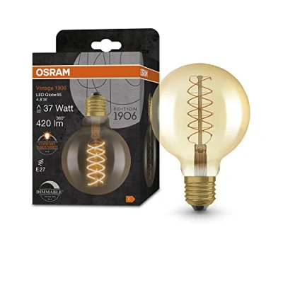 Bild av OSRAM Vintage 1906 guldtonad LED lampa, 4,8W, 420lm, globform med 95 mm diameter &amp; E27 bas, varmvitt ljus, spiralglödtråd, dimbar, livslängd på upp till 15 000 timmar