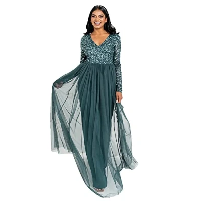 Bild av Maya Deluxe dam klänning ärm för bröllop gäst V hals hög empire midja maxi lång längd kväll bridesmaid bal klänning, Smaragdgrön, 52