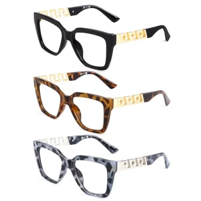 Bild av JM 3 pack fyrkantiga läsglasögon för kvinnor blått ljusblockering, mode överdimensionerade blåljusfilter glasögon med synstyrka, blandade