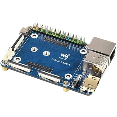 Bild av Compute Module 4 IO kort för Raspberry Pi, litet kretskort (A) Lite version med standard CM4 uttag och färgkodat Pi 40PIN GPIO huvud, på kretskortet: CSI/DSI/FAN/HDMI/USB/RJ45 kontakter