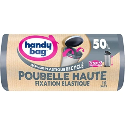 Bild av Handy väska rullar med 10 soppåsar elastisk fastsättning av hög 50 l, 80% återvunnen plast, glidande handtag elastiskt fäste, trippeltjocklek, läckagesäker, 47 x 85 cm